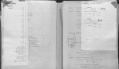 Handwritten and typed calculations in a ledger, highlighting the complexity of engineering archives before digitisation.